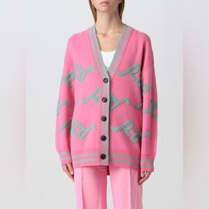 Pinko Sloe Gin Cardigan College Jacquard Logo Bouclé Pink Grey Small Wool Blend